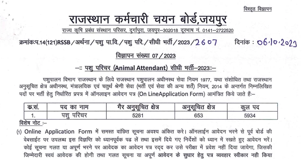 Rajasthan Animal Attendant Recruitment 2023 Notification, Rajasthan Pashu Paricharak Recruitment 2023