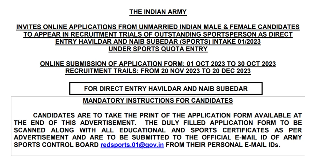 Indian Army Sports Quota Recruitment 2023 Official Notification 